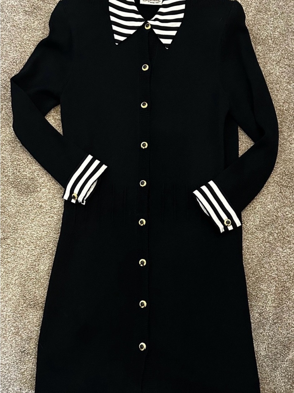 St. John Black Long Sleeve Button-Front Dress with Striped Collar & Cuffs